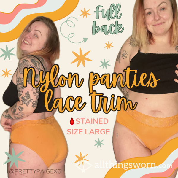 Full Back Panties — Neon Orange Nylon & Lace 🧡 Stained !! Size Large, 48hr Wear 🍑