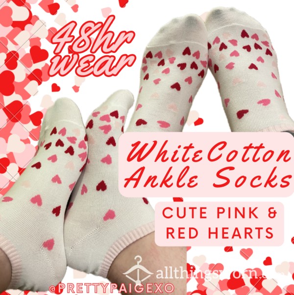 White Cotton Ankle Socks 👣 Red & Pink Hearts —  Worn 48hrs 💕