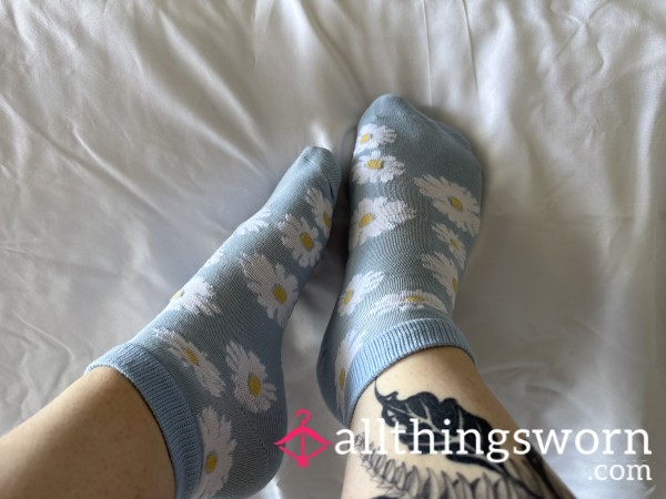 (1) Available. Blue And White Daisy Ankle Socks, Worn To Order!