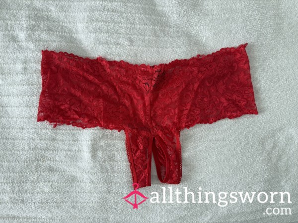 (1) Available. Hot Red Crotchless Lace Panties. Extra Days $5/each.