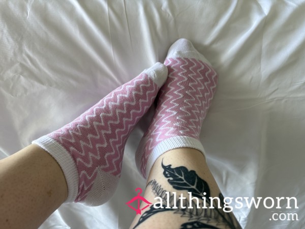 (1) Available. Pink And White Ankle Socks, Worn To Order!
