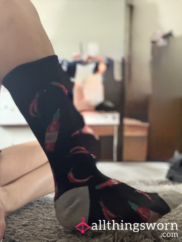 1 Worn Black Sock With Chili & Hot Sauce Logos — Spicy And Used