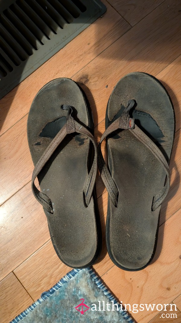 10 Year Old, Heavily Worn Leather Rainbow Flip Flops With Deep Foot Impressions, Heavily Scented!