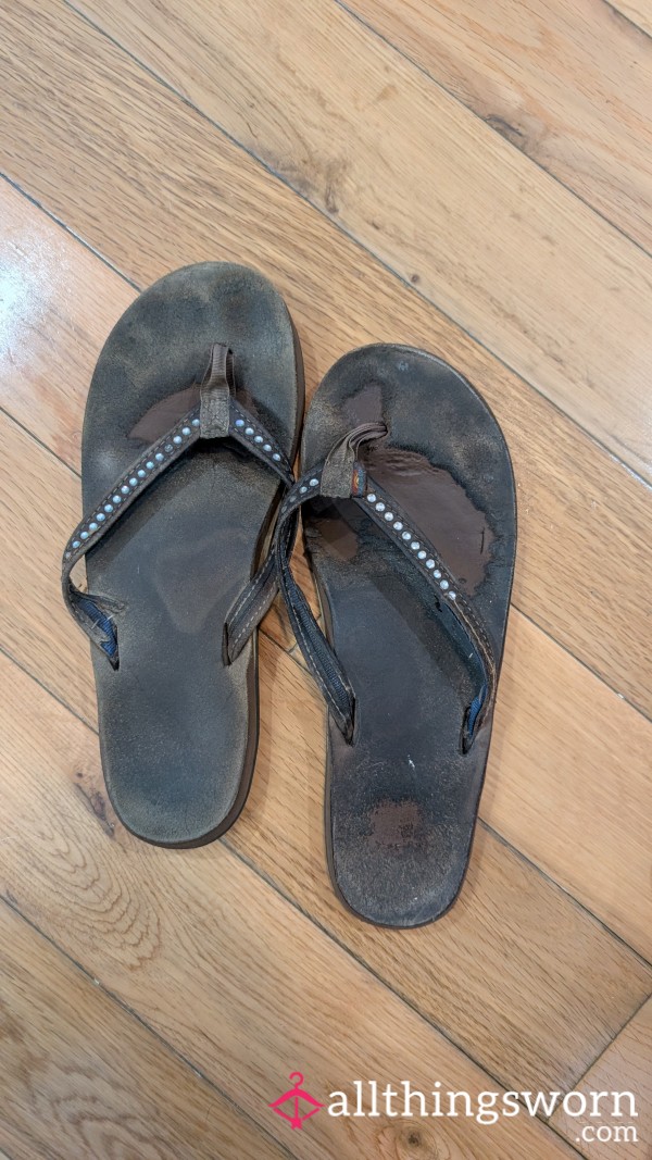 10 Year Old, Heavily Worn Leather Rainbow Flip Flops With Deep Foot Impressions, Heavily Scented!