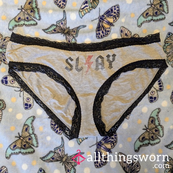 10+ Y/o Grey "SL⚡AY" Cotton Panties — Black Lace + Ruched B*m