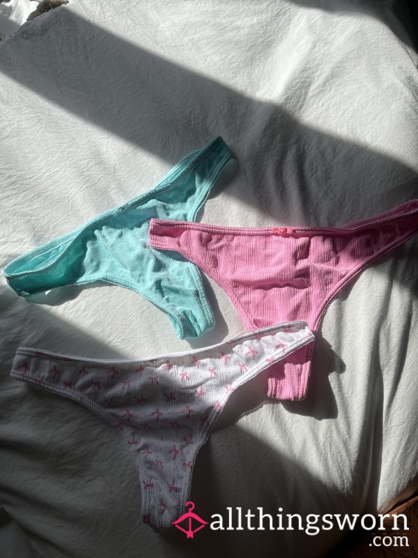 100% Cotton - Worn Little Thong - White With Pink Bows🎀 Baby Blue Or Pink - 3 Colours Available 🩵💗🎀