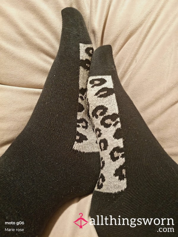 2 Day Worn, Black And Leopard Print Ankle Socks