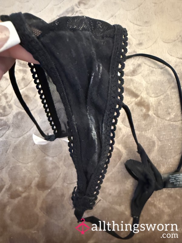2 Day Worn, C*m Stain, Black Mesh Thong