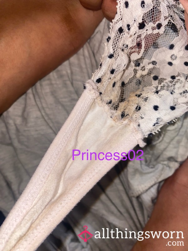 2 Day Worn White Polka Dot G-String🤍🖤