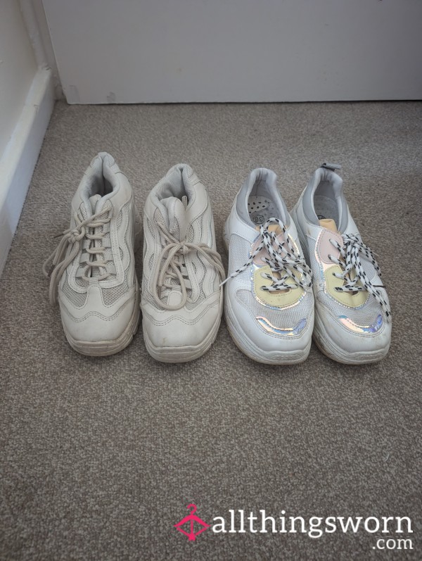 2 Pairs Of Beat Up White Trainers
