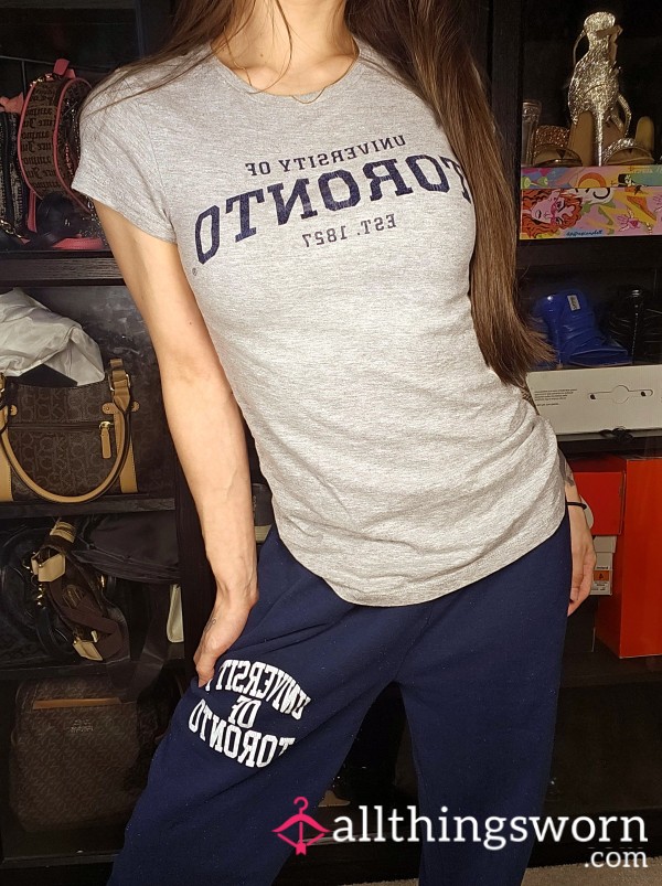 5 For $25❤️ 2 Piece Matching Set University Of Toronto Cotton Grey T-Shirt Top + Navy Blue Joggers Old Well Worn Jogging Pants Sweat Pants Cute Japanese Girl Asian Tattooed Fitness Model Pers