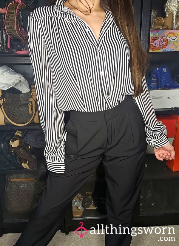 5 For $25❤️ 2 Piece Office Work Set Bu*ton Up Pinstriped Black & White Collard Longsleeved Top + Black Trousers Pants Asian Japanese Girl Cute Fitness Model Athletic Tattooed Personal Trainer