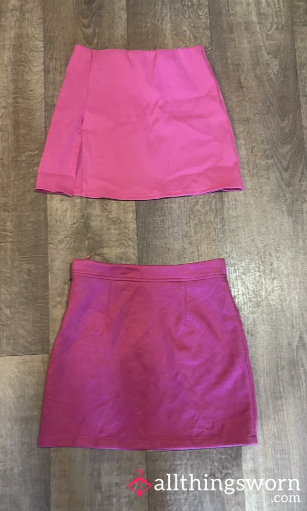 2 X Pink Mini Skirts - 1 Velour / Velvet & 1 Linen. Both With Delicate Wear.