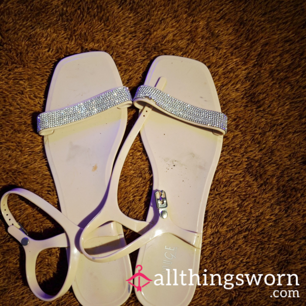 2-Year-Old Heavily Worn Off White Rhinestone Sandals – Intense Corn Chip Foot Scent 🌟