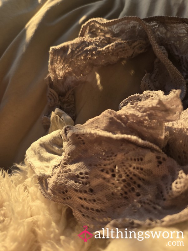 Cabin Crew 17 Hour Wear In The Air! Crispy Thong, Cream Lace, Well Worn!
