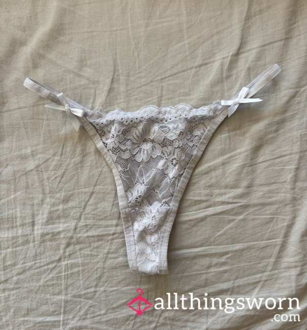 24h Worn Tiny White Lace Thong 🤍