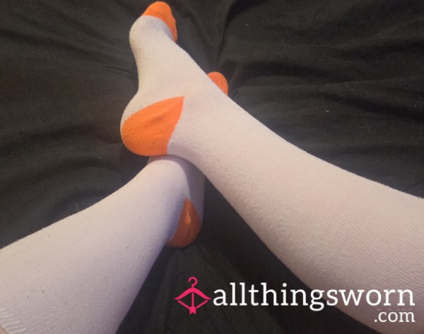 $25 White & Orange Knee High Cotton Socks