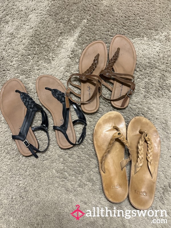 3 Pair Bundle💕 My Favorite Daily Wearers: Sandals(10yrs Old) & Flip Flops(6yrs Old). Worn For Errands And Long Days On My Feet.