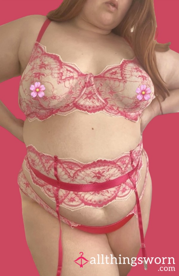 💝 3 Piece Pink Lace & Satin Lingerie Set With Garter Belt 💝