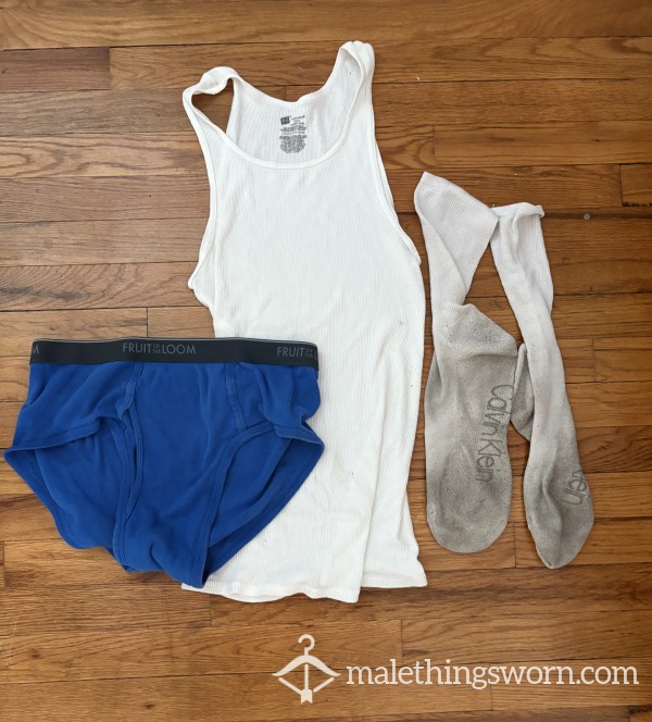 3-Piece Worn Men’s Bundle – Briefs + Tank Top + Calvin Klein Socks