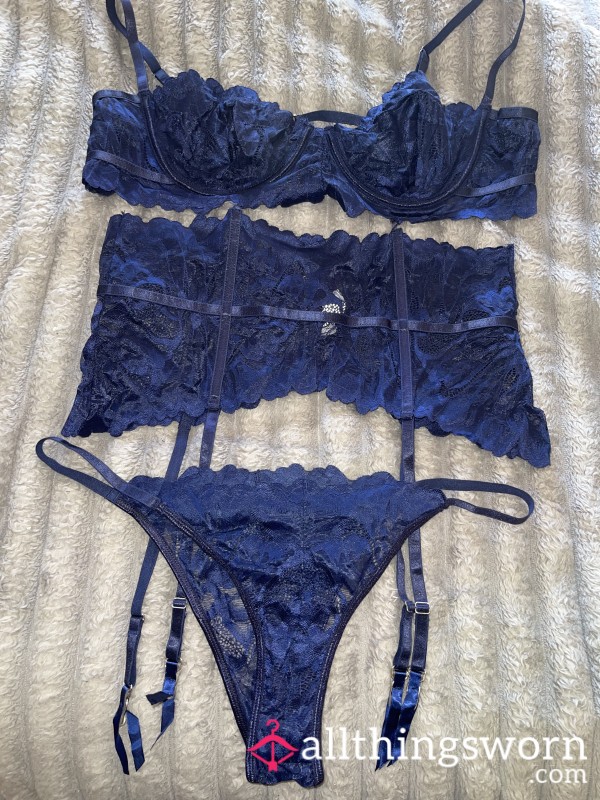 3piece Lingerie Set-navy Blue Uk16