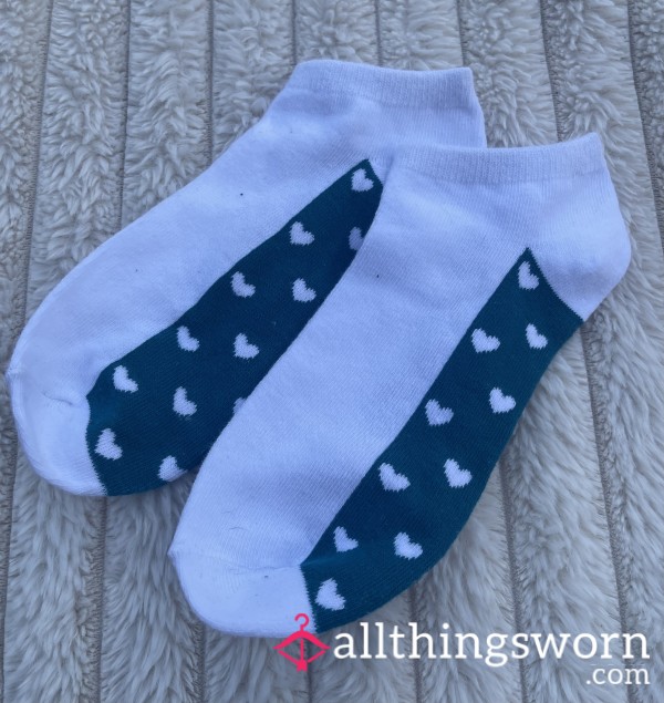 🤢🧦 TRAINER SOCKS (Blue Heart Pattern Bottom) 🏃‍♀️ - Will Be 24hr Worn ⏰