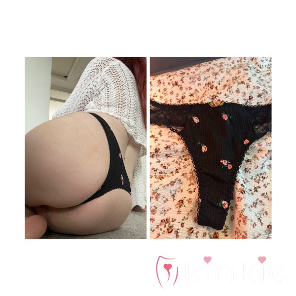 🖤 48hr Worn Black Flowery Patterned Thong 🖤