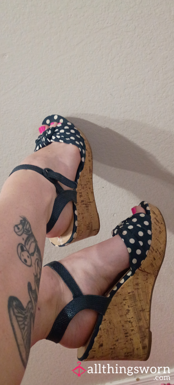 50s Style Blue And White Polkadot Wedges