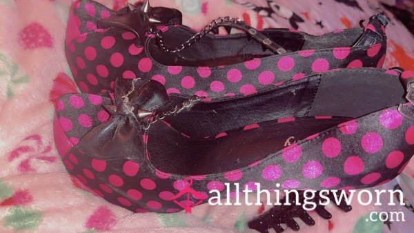 6 Inch Showstory Pink And Black Polkadot Platform Kawaii Goth Skeleton Heels 👠🖤🩷