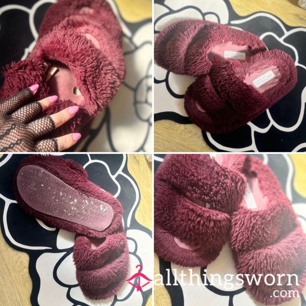 6-Month Irresponsibly Worn Burgundy Primark Fuzzy Slippers – Sweaty Barefoot Heaven (UK 5/6) 😈💦🧦
