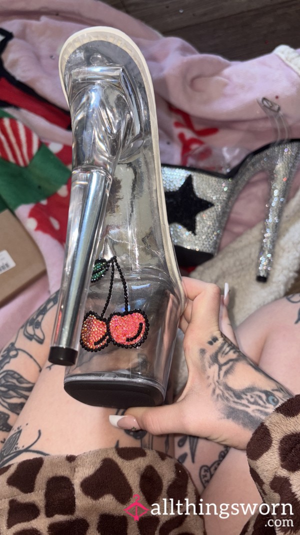 7” Cherry Clear Strapless Stripper Heels