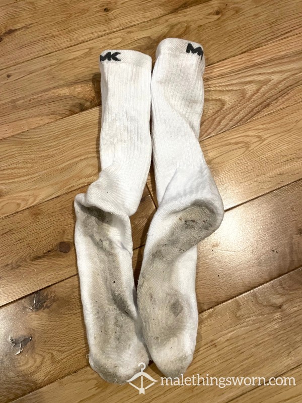 7 Days Worn Michael Kors Chav White Sports Crew Socks With Blue Logo Rank Dirty
