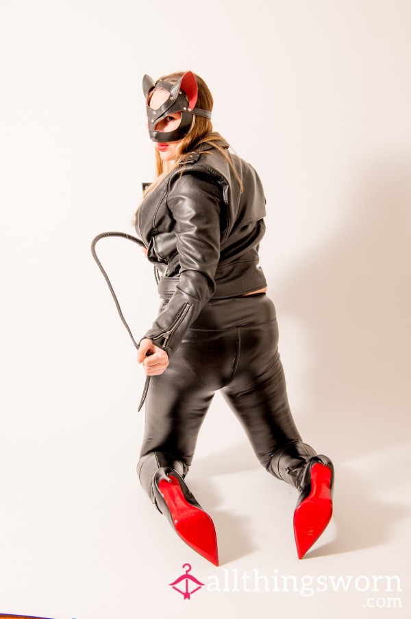 A Photoset Focused On The Soles Of My Leather Louboutins, Also I Take Off My Leather Jacket Revealing My Leather Bra