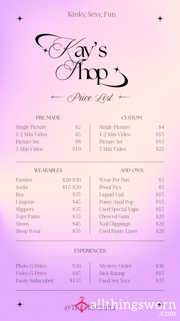 ~PRICE LIST FOR YOUR NEXT ORDER~