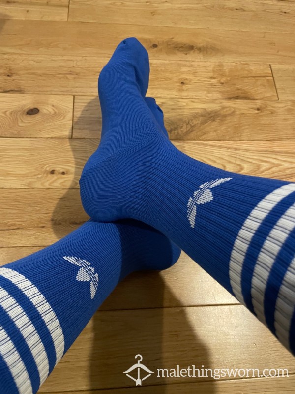 Adidas Blue Sports Crew Socks With White Logo Stripe - Ready To Be Customised For You