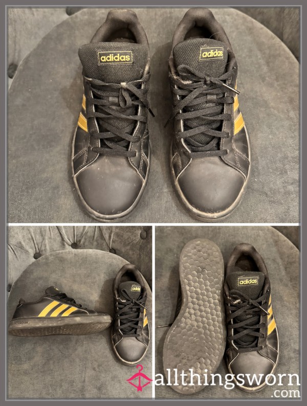 Adidas Grand Court Base 2.0 Sneaker In Black With Gold Stripes.