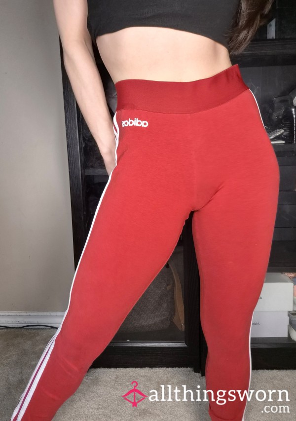 💋Adidas Red Leggings Cotton Well Worn White Stripped High Waisted Strechy Tights Workout Gym Clothes Pants Japanese Asian A** Curvy Tattoo Fitness Gym Model Personal Trainer