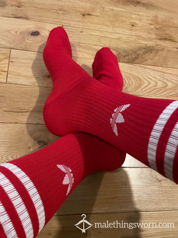 Adidas Red Sports Crew Socks With White Logo Stripe - Ready To Be Customised For You