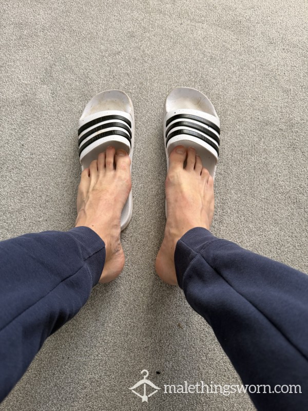 Adidas Very Well Worn Used Flip Flops Sliders In White (size 10 Feet)