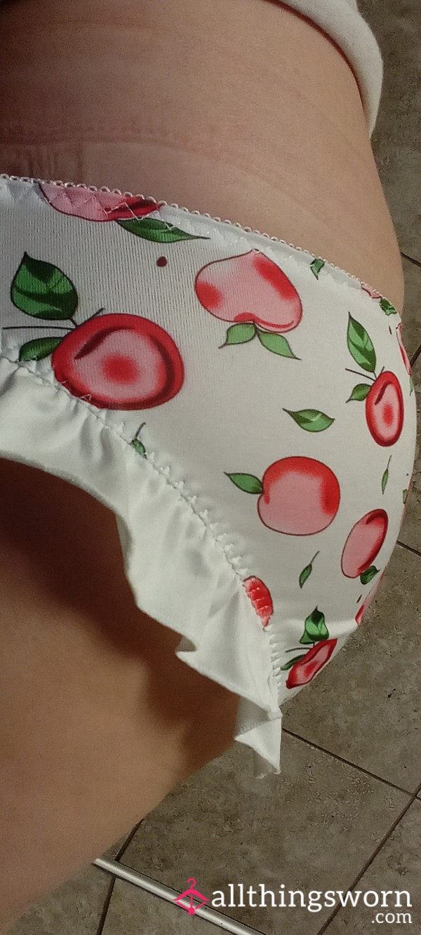 Adorable Silky White "Peach" Panties, With Frilly Edges.  Worn 2 Days For $22.