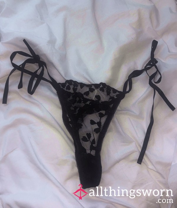 Adorable Worn Black Lacey Heart Knickers With Adjustable Ribbon