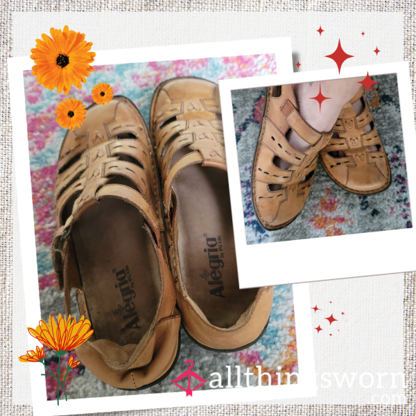 Alegria Pesca Sandals: Brown Cognac Leather Comfort Sandals, Dark Footprints & Strong Scent