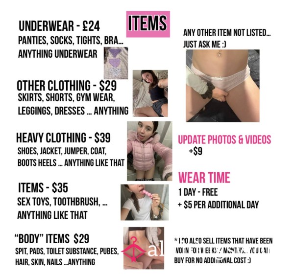 All My Items/ Clothing Menu & Prices