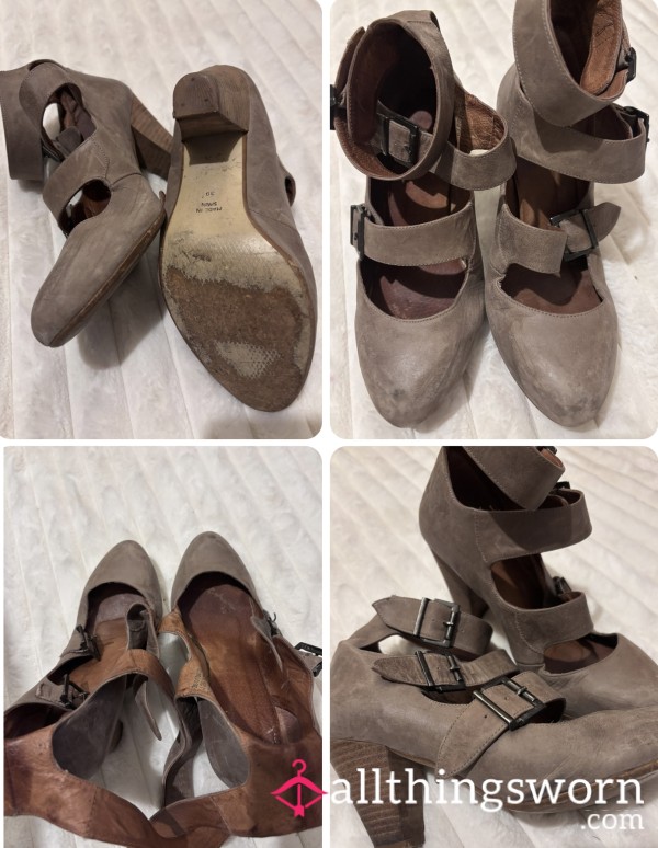 All Of The Straps, Taupe Heels With Buckles, Size 6UK