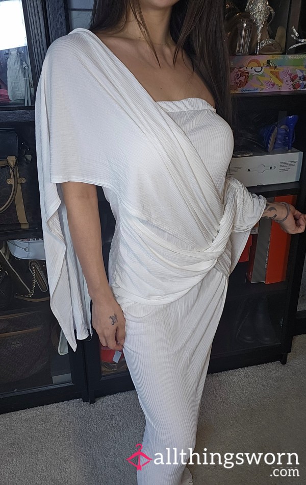 😇 Angel Goddess All White Dress Multipurpose Stretchy Soft Maxi Dress Asian Japanese Canadian Athletic Tattooed Fitness Model
