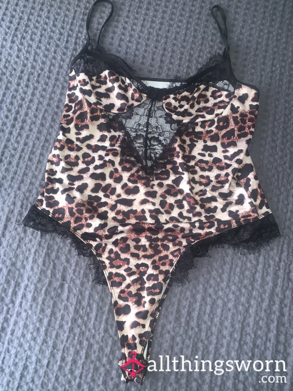 Animal Print Bodysuit With Black Lace Trim