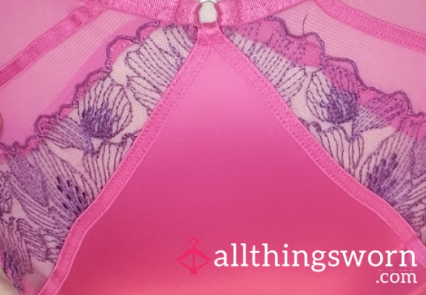 Ann Summers Cerise Pink Satin & Mesh Brazilians With Purple Lace – 48hr Worn Indulgence