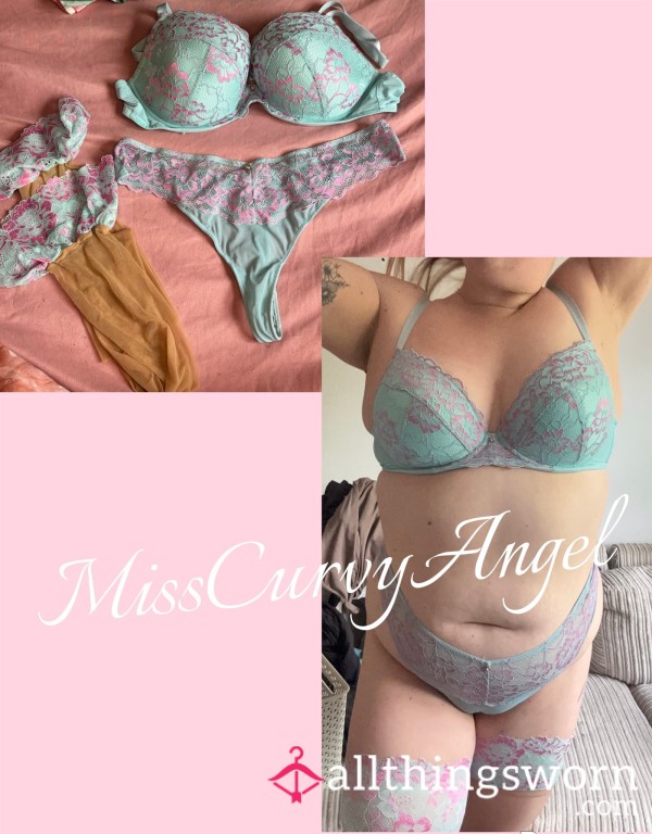 Ann Summers Pink And Blue Complete Lingerie Set Including Bra, Thong And Hold Ups (postage Included) (completely Customisable)