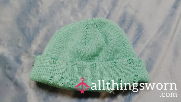 Aqua Green Distressed Beanie – Metal Ring Detail