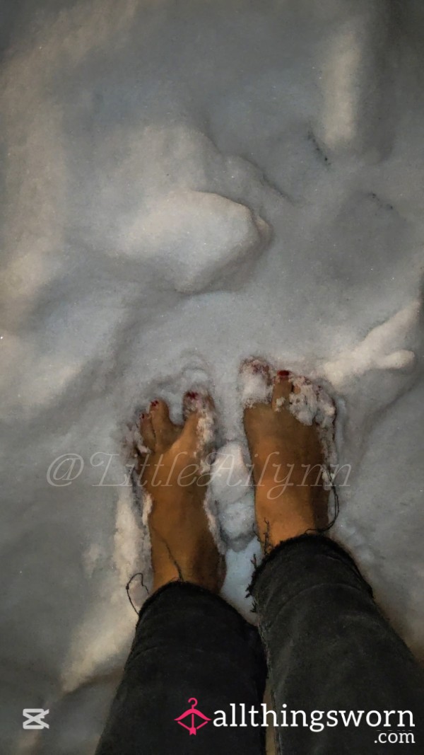 ASMR Bare Feet Walking And Crunching On Snow~ Watch My Red Painted Toes Wrapped In The Cold Snowflakes. Pure Pain Pleasure!
